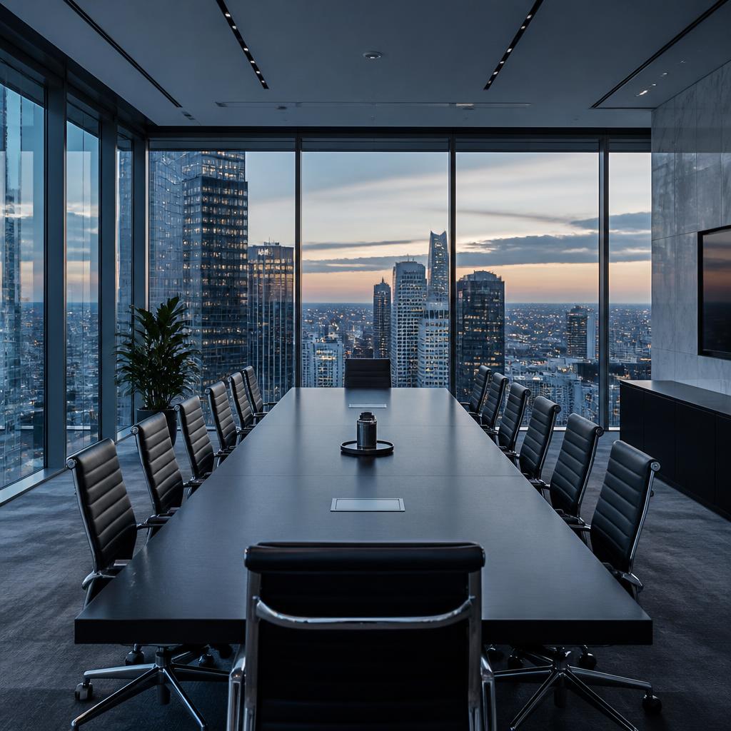 Modern executive boardroom overlooking a city skyline at dusk